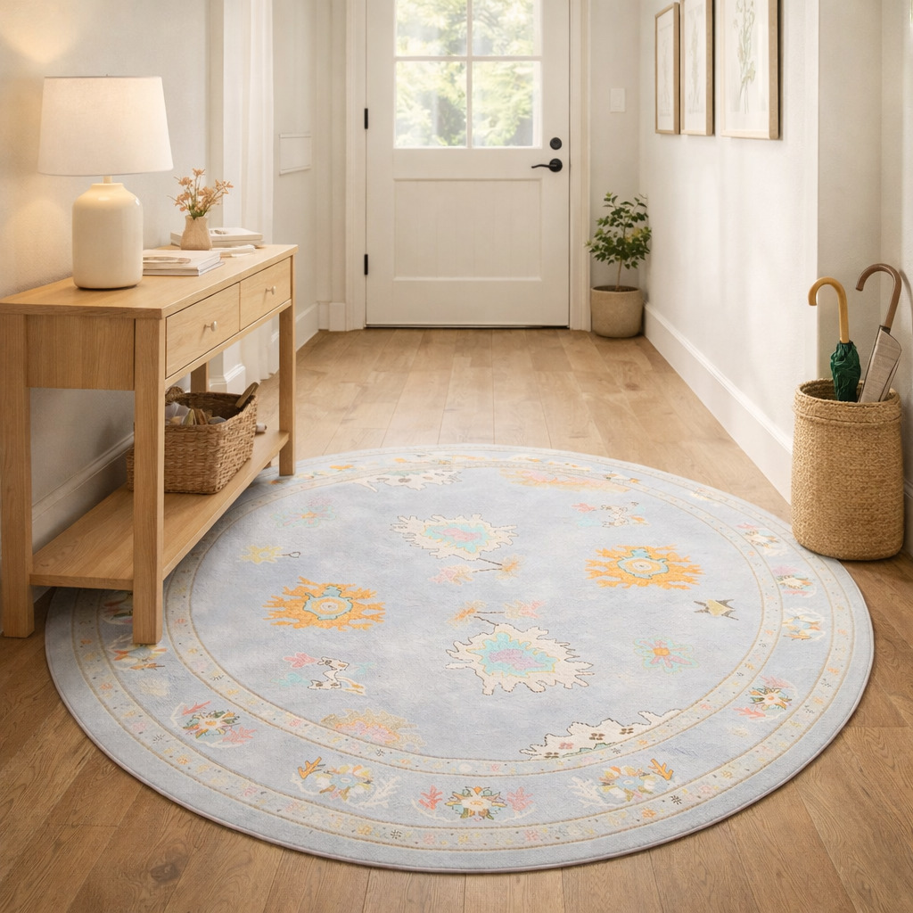 Round carpet Ivory area rug 5x5 6x6 8x8 10x10 Oushak hand knotted wool Geometric rugs Bed Living room