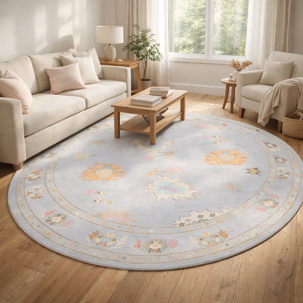 Round carpet Ivory area rug 5x5 6x6 8x8 10x10 Oushak hand knotted wool Geometric rugs Bed Living room