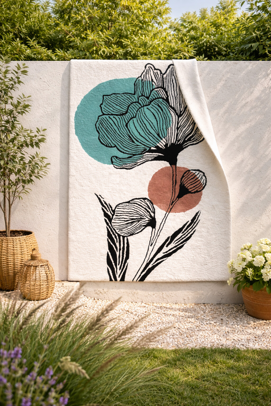 White Rug with Abstract Flower Design