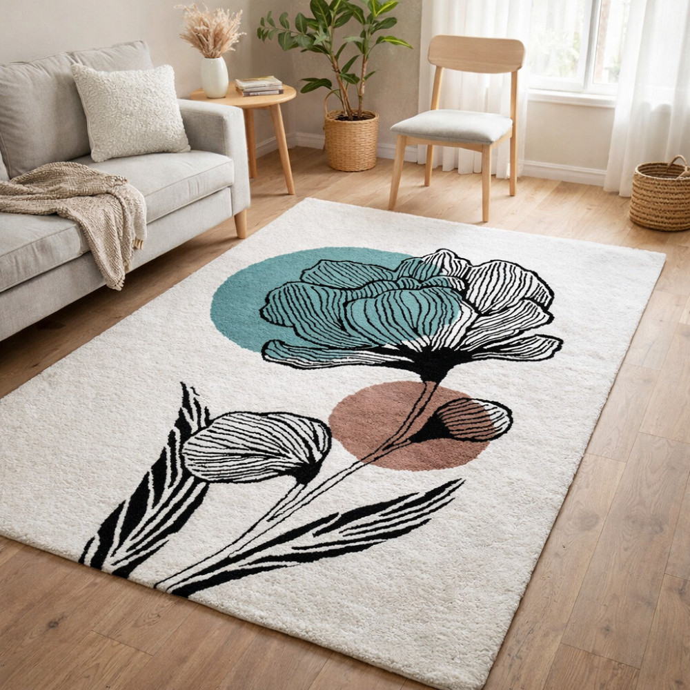 Image of White Rug with Abstract Flower Design