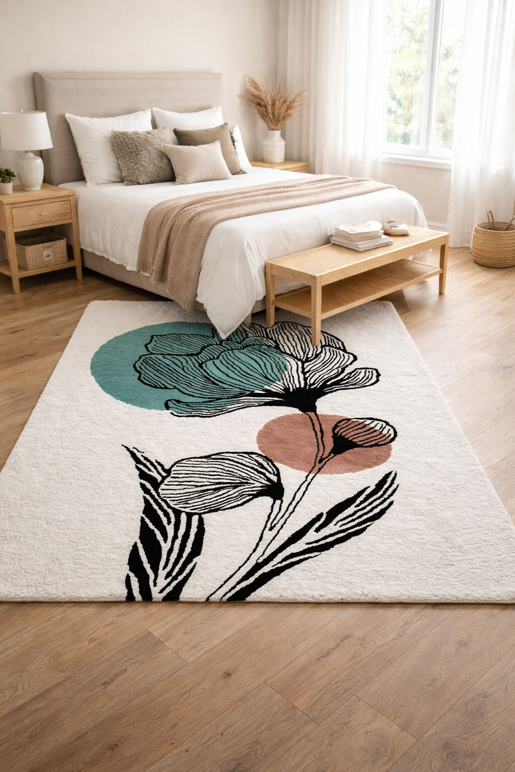 White Rug with Abstract Flower Design