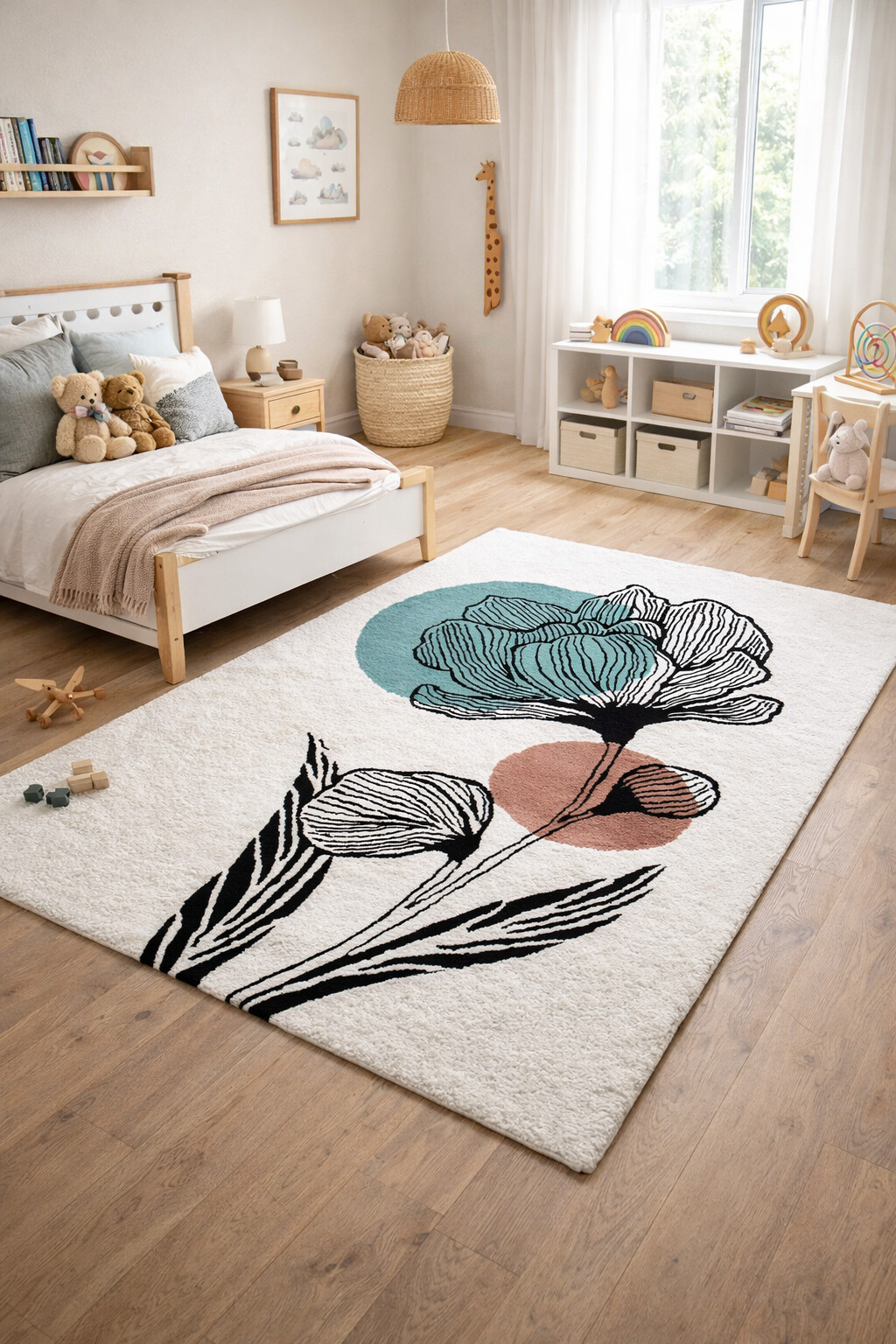 White Rug with Abstract Flower Design