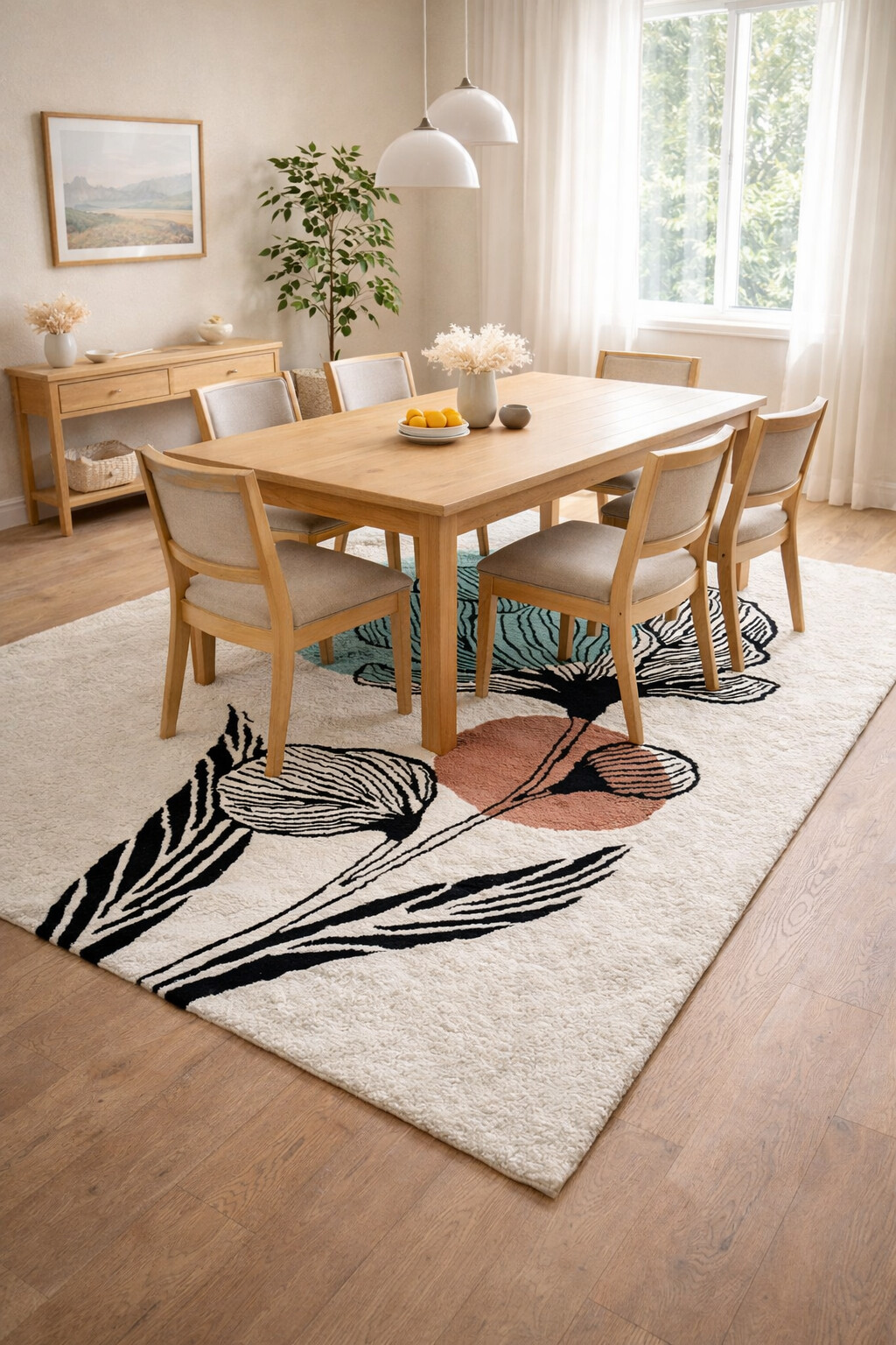 White Rug with Abstract Flower Design