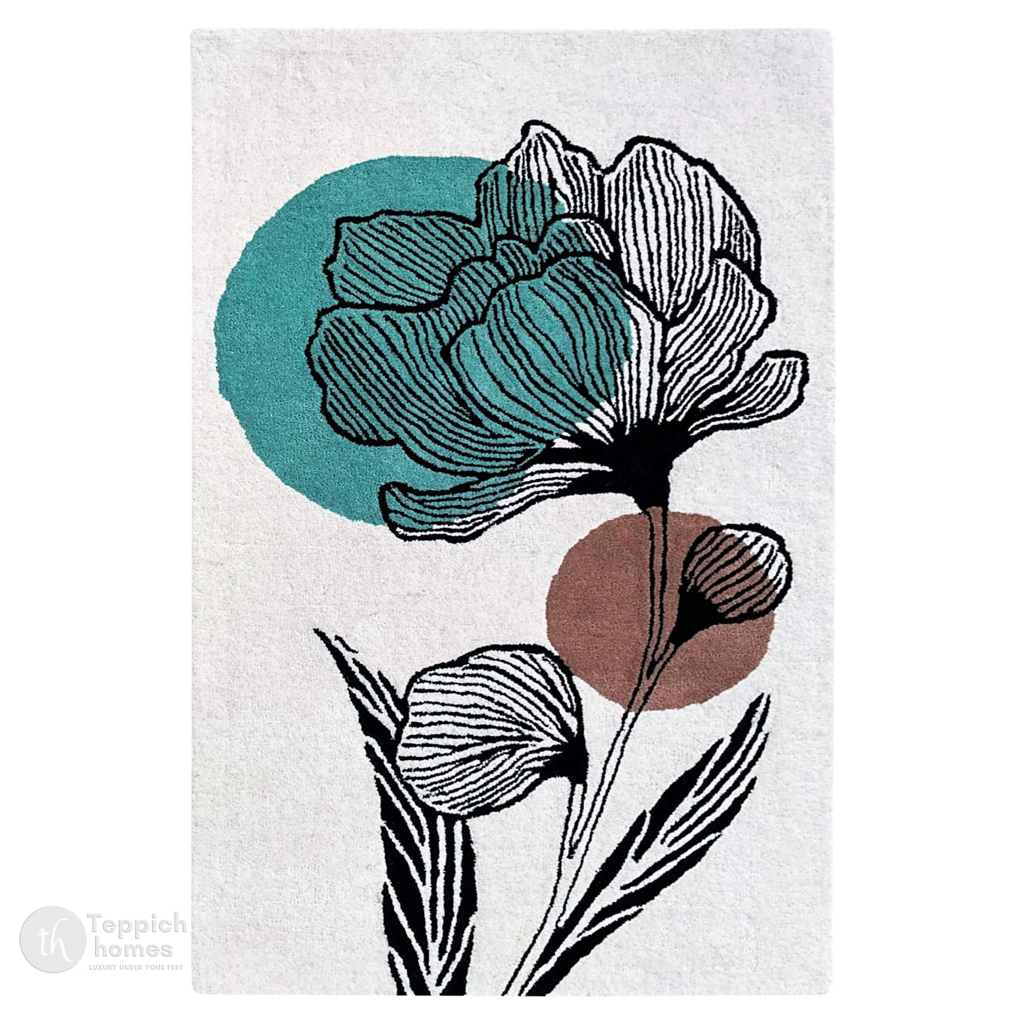 White Rug with Abstract Flower Design