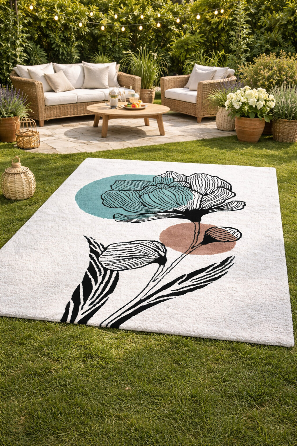 White Rug with Abstract Flower Design