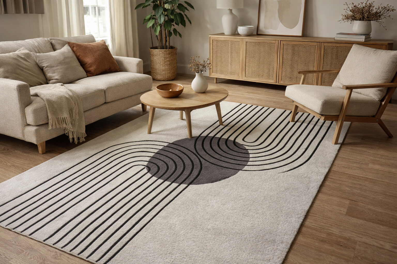 Modern Geometric Arc Rug Black  Grey