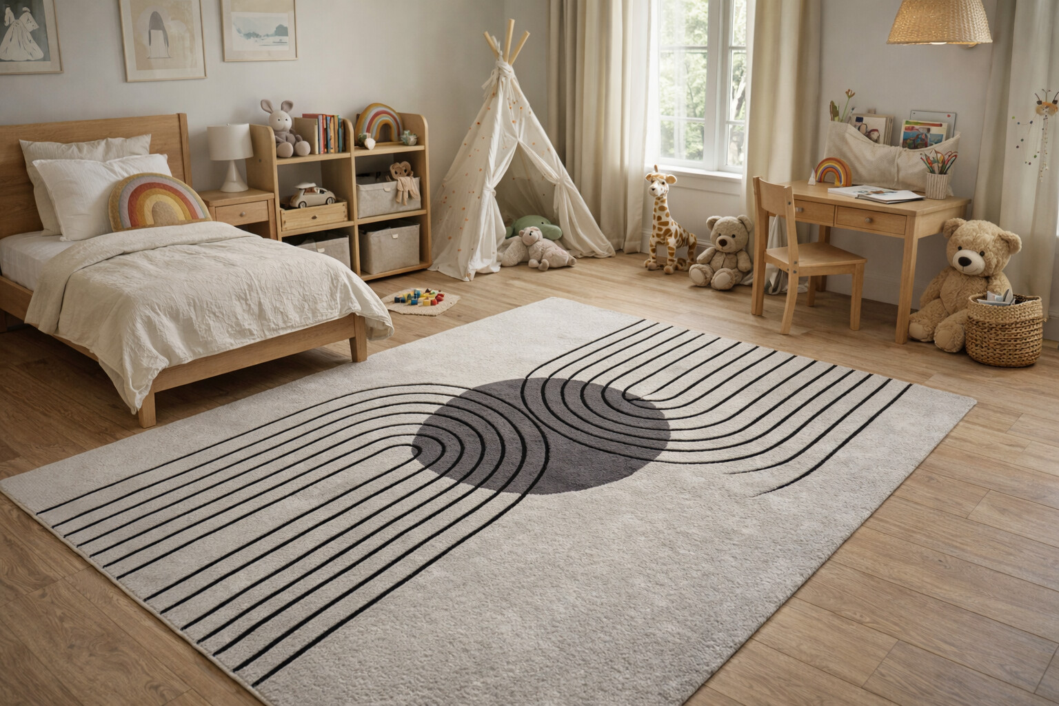 Modern Geometric Arc Rug Black  Grey