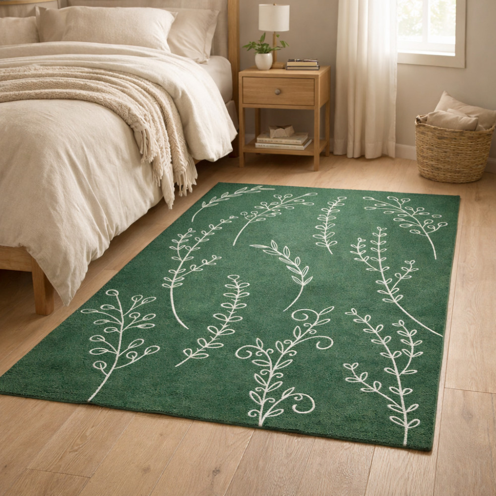 Image of Living room carpet | Leaf patterned | Area rugs 7x10 | 6x10, 6x9, 6x8, 5x8 | Wool carpet | Green color | Hand Tufted