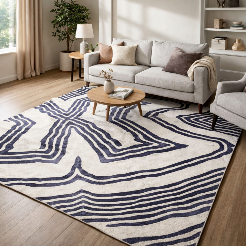 Image of Modern Wool Rug ,Tufted, Natural Ivory &amp; Blue, Dining Room, Living Room, Bedroom, Hallway 6x9, 7x10, 8x11, 9x10