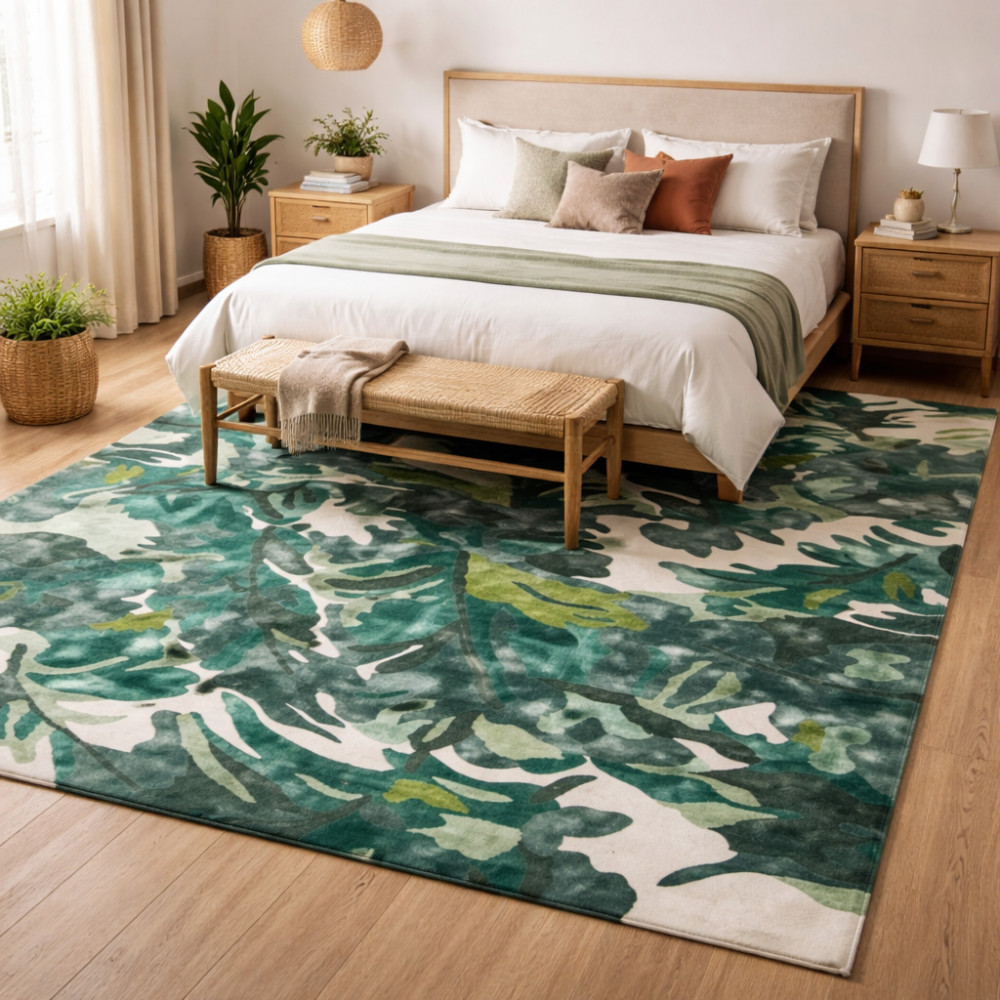 Image of Palm Jungle Green Tropical Tufted Rug for Living and Cozy Room