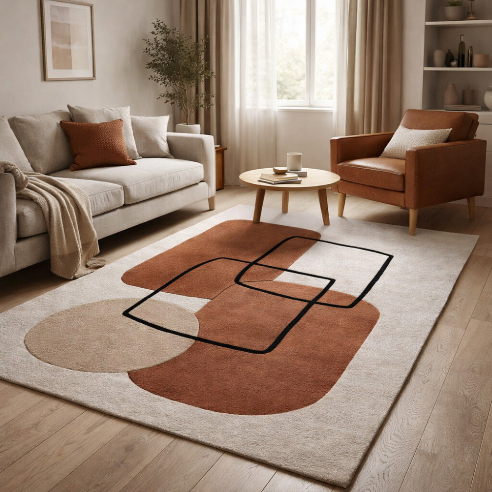 Image of Tufted rugs | White and Brown color | 6x10, 7x10, 8x11, 9x13 | Bedroom, Living room | Area rug | Wool carpet