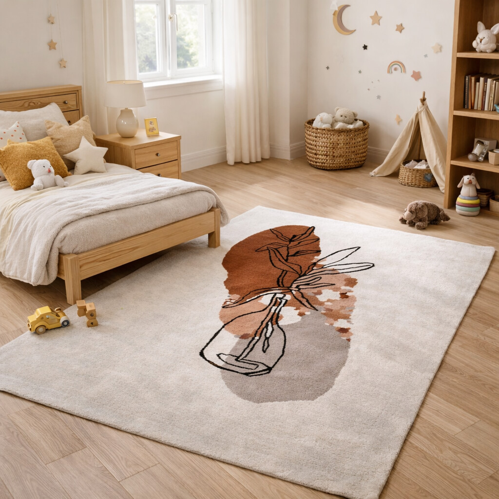 Sketch Style Florals Rug on Beige Canvas