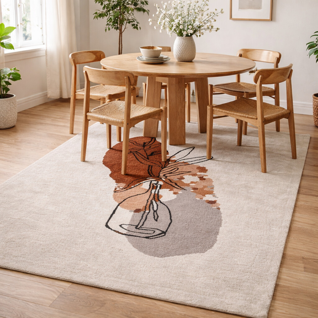 Sketch Style Florals Rug on Beige Canvas