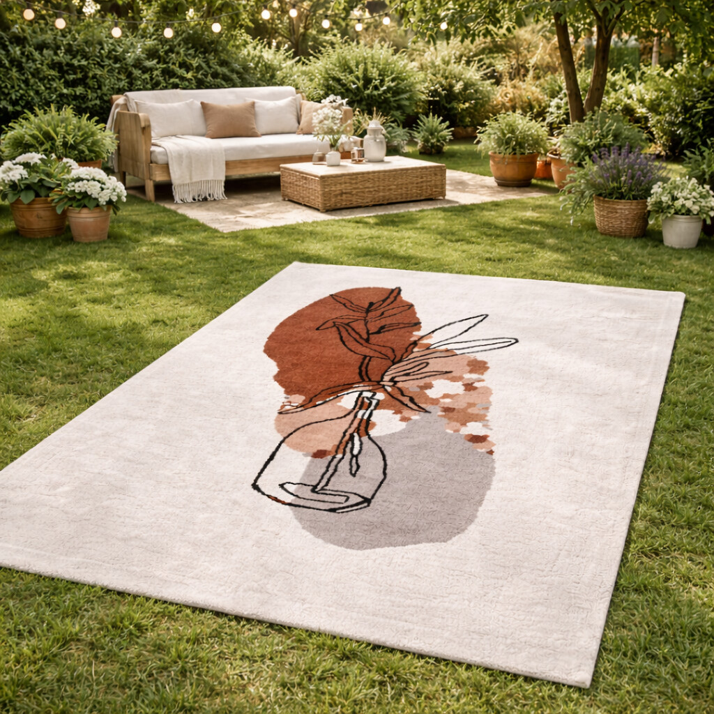 Sketch Style Florals Rug on Beige Canvas