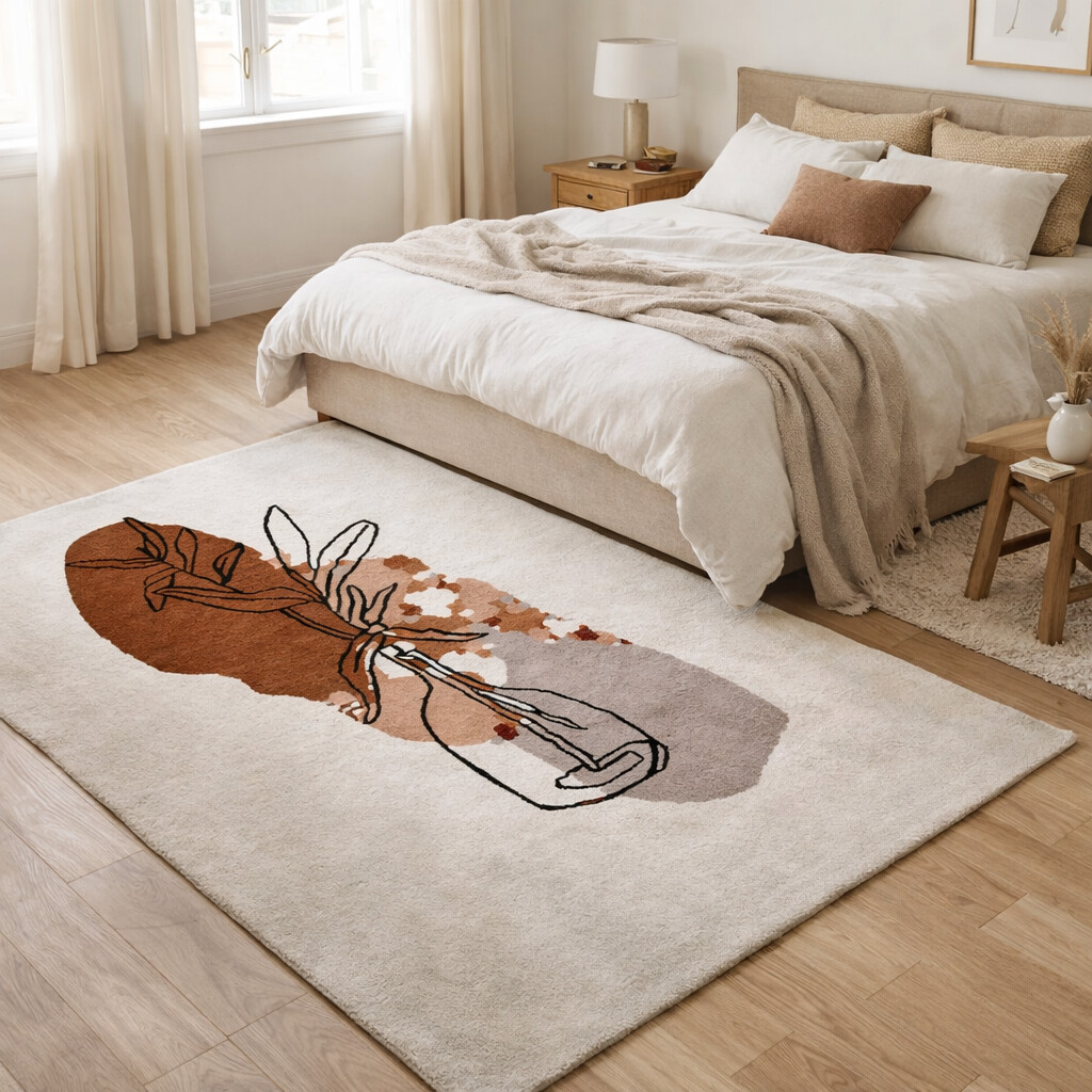 Sketch Style Florals Rug on Beige Canvas