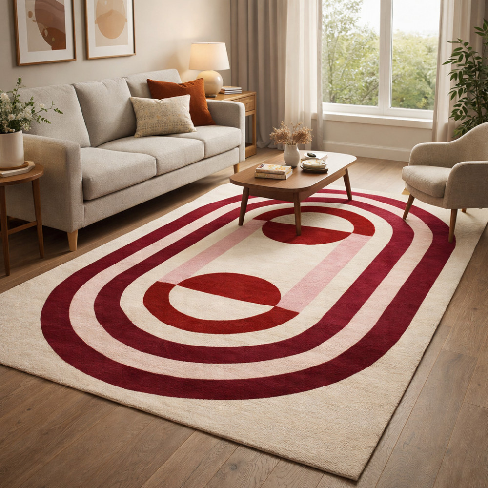 Image of Stylish White Geometric Wool Area Rug - Available in 6x9, 8x11, 9x13, 10x14 Sizes - Perfect for Hallways and Living Rooms - Rectangle Tufted Carpet