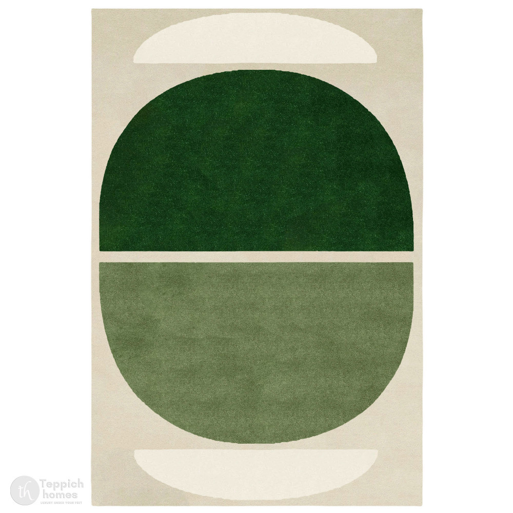 Image of Handmade Green Geometric Wool Rug Modern Half Circle Design Area Carpet for Living Room and Bedroom