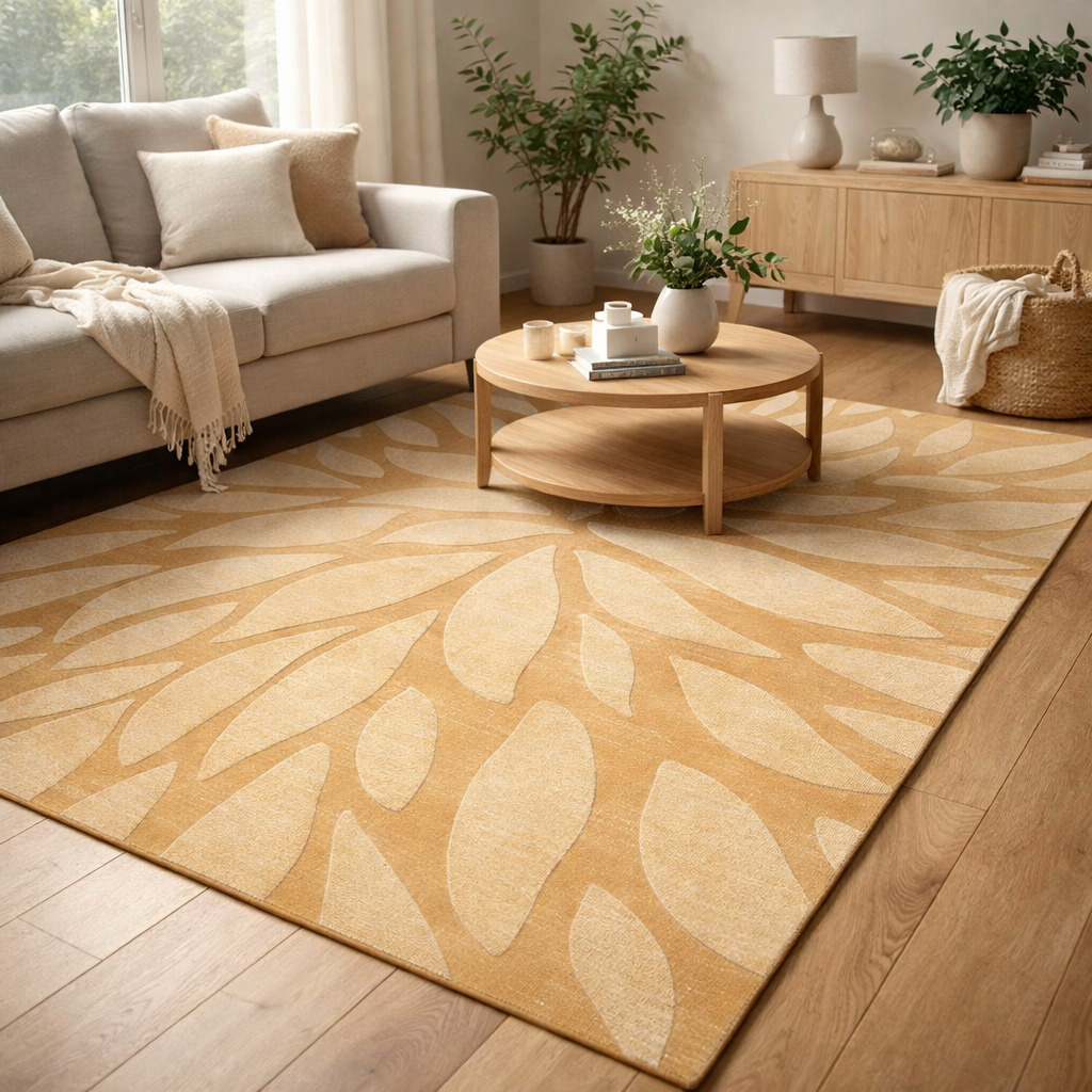 Handmade Beige Floral Wool Rug Modern Botanical Design Area Carpet for Living Room and Bedroom
