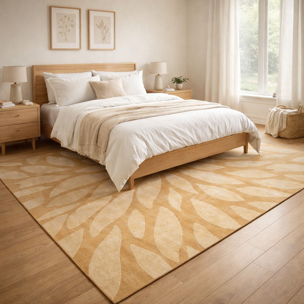 Handmade Beige Floral Wool Rug Modern Botanical Design Area Carpet for Living Room and Bedroom