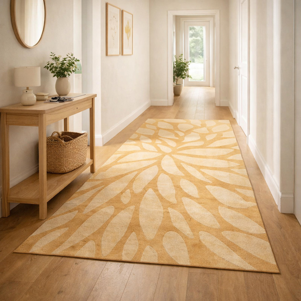 Handmade Beige Floral Wool Rug Modern Botanical Design Area Carpet for Living Room and Bedroom