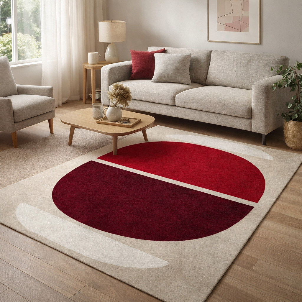 Red and Burgundy Geometric Wool Rug Handmade Modern Area Carpet for Living Room and Bedroom