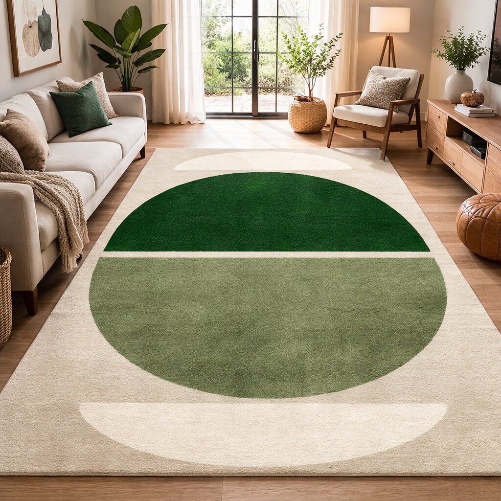 Handmade Green Geometric Wool Rug Modern Half Circle Design Area Carpet for Living Room and Bedroom