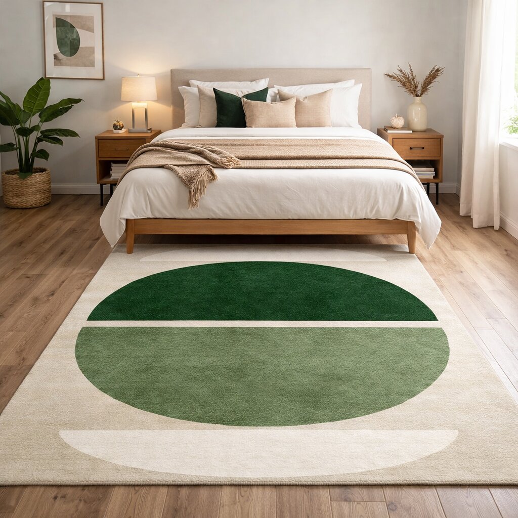 Handmade Green Geometric Wool Rug Modern Half Circle Design Area Carpet for Living Room and Bedroom