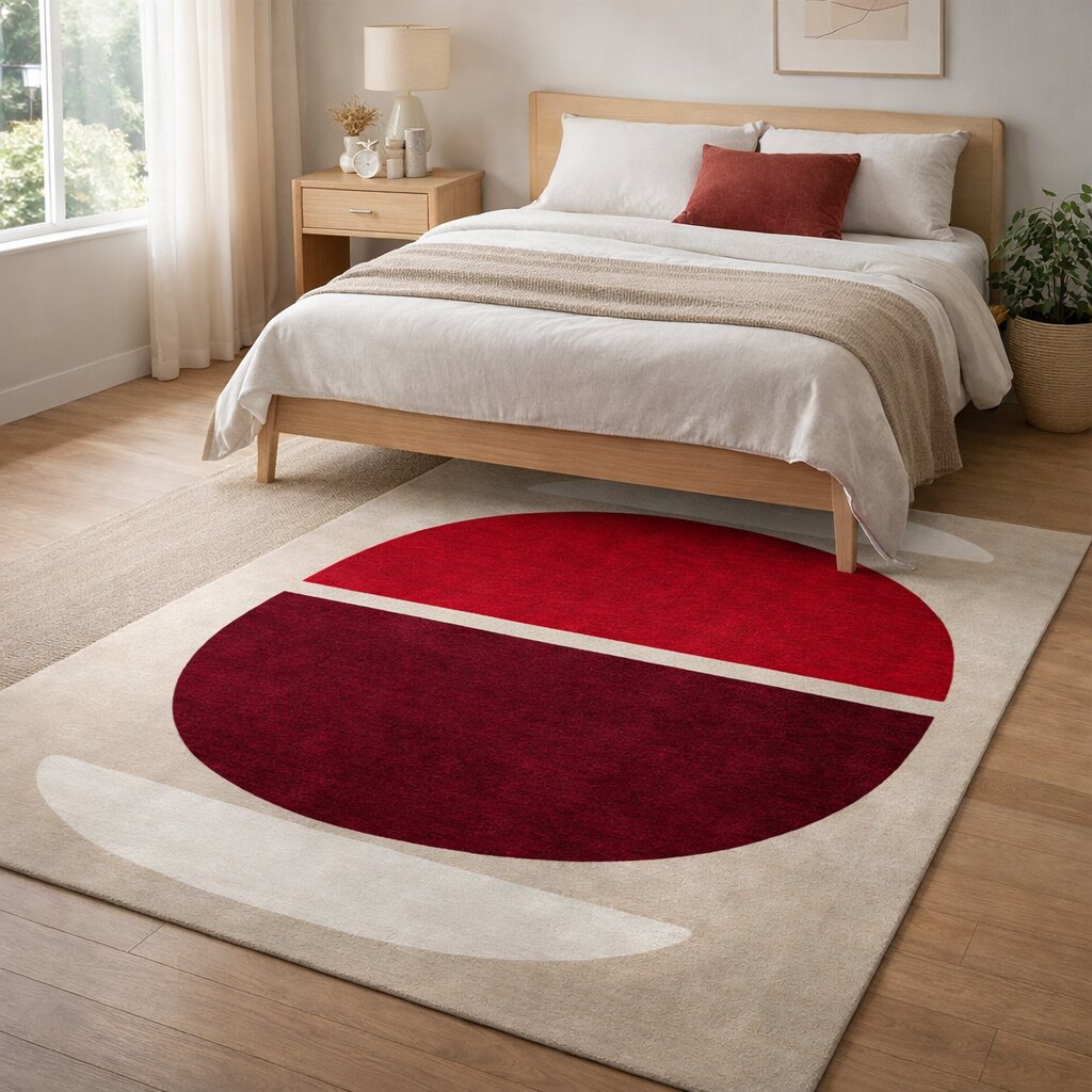 Red and Burgundy Geometric Wool Rug Handmade Modern Area Carpet for Living Room and Bedroom