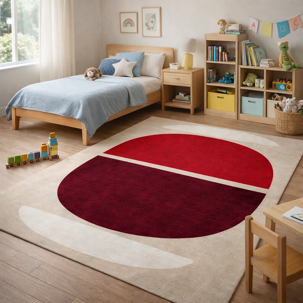 Red and Burgundy Geometric Wool Rug Handmade Modern Area Carpet for Living Room and Bedroom