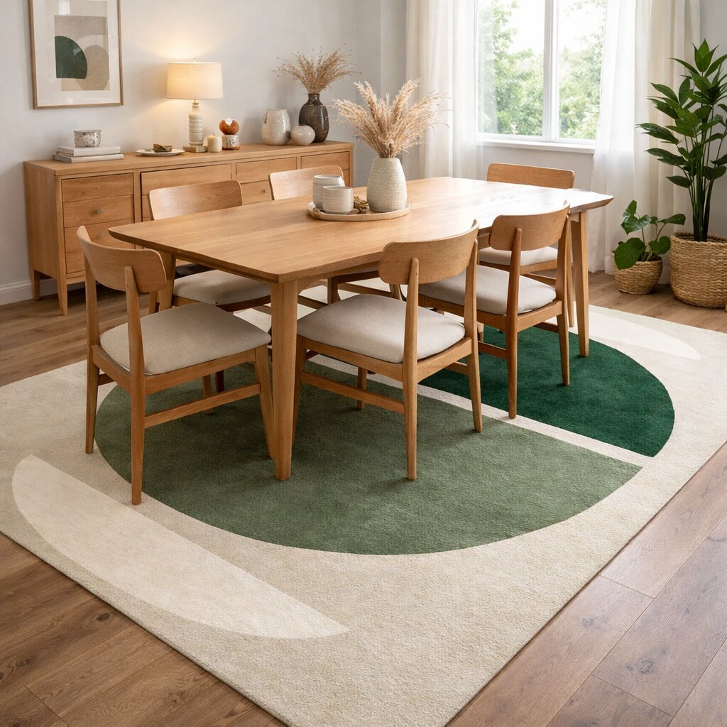 Handmade Green Geometric Wool Rug Modern Half Circle Design Area Carpet for Living Room and Bedroom