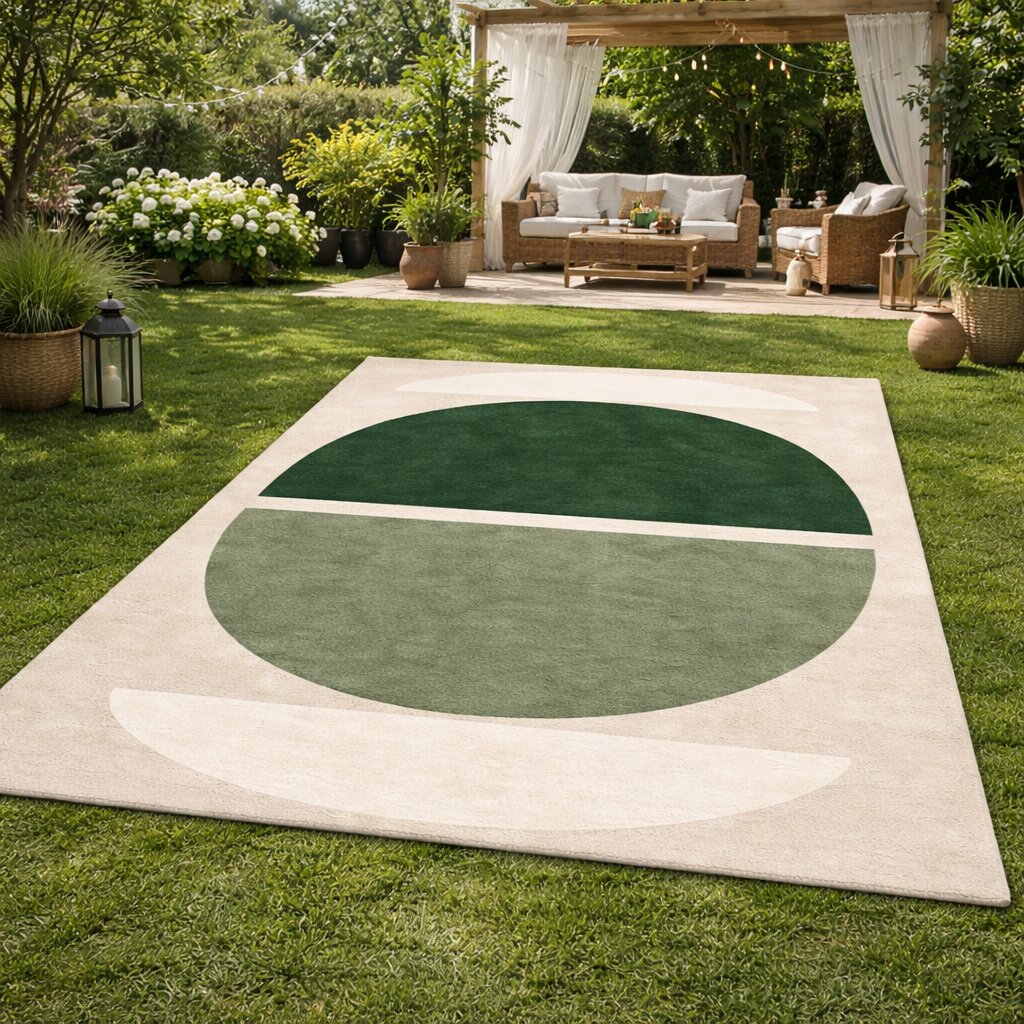 Handmade Green Geometric Wool Rug Modern Half Circle Design Area Carpet for Living Room and Bedroom