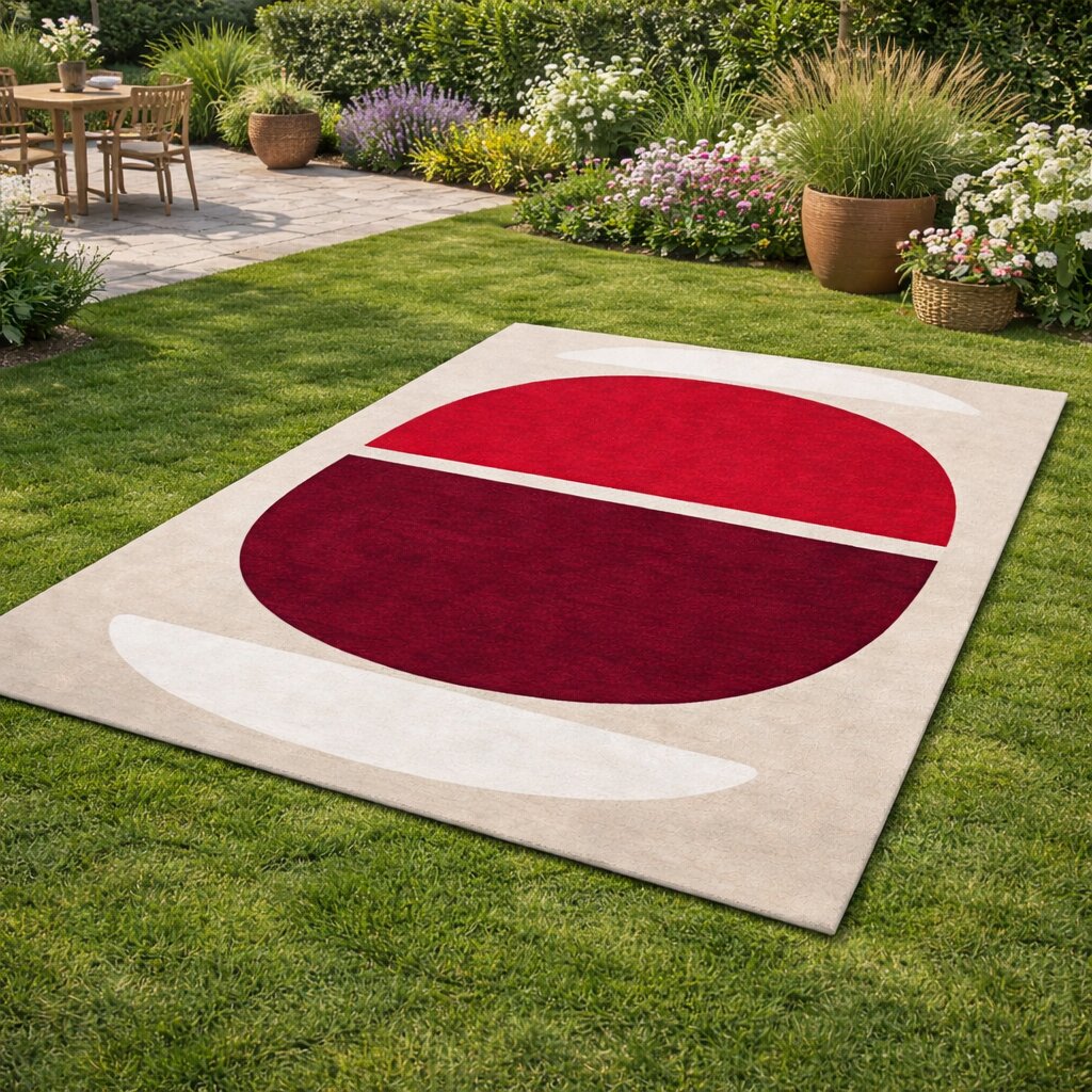 Red and Burgundy Geometric Wool Rug Handmade Modern Area Carpet for Living Room and Bedroom