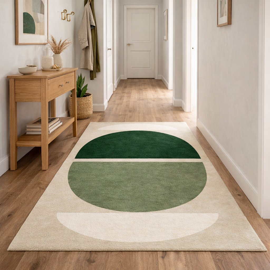 Handmade Green Geometric Wool Rug Modern Half Circle Design Area Carpet for Living Room and Bedroom