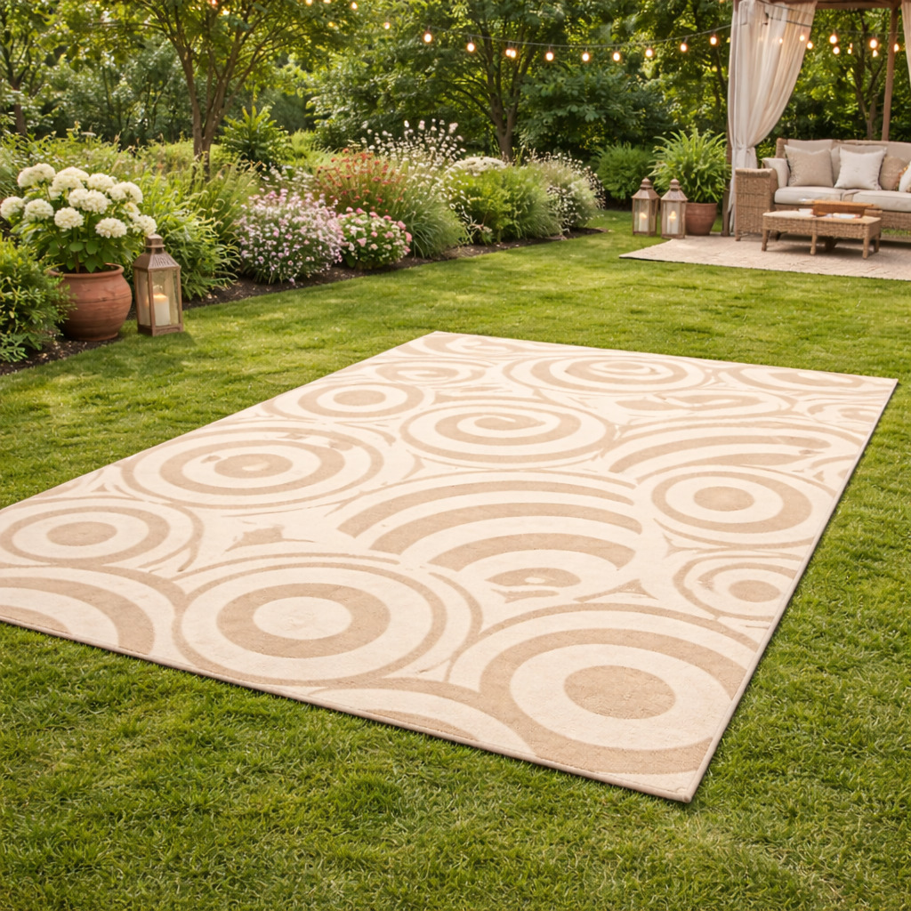 Modern Beige Circular Pattern Rug Contemporary Geometric Wool Area Carpet for Living Room and Bedroom