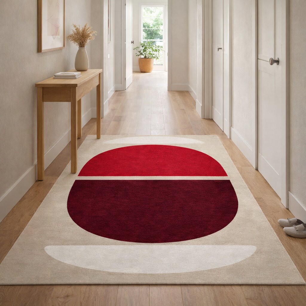 Red and Burgundy Geometric Wool Rug Handmade Modern Area Carpet for Living Room and Bedroom