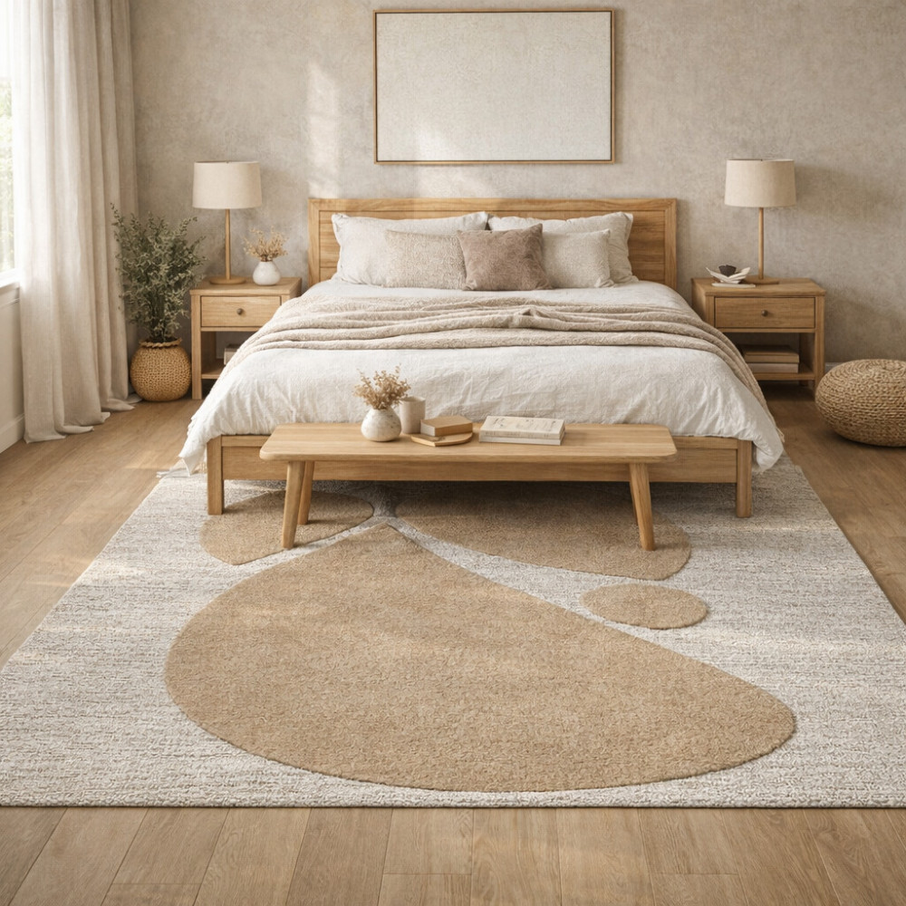 Image of Bedroom area rugs | Geometric carpet | Tufted rug | 8x13, 9x10, 10x13, 11x12 | Woolen carpet | Ivory and Beige color