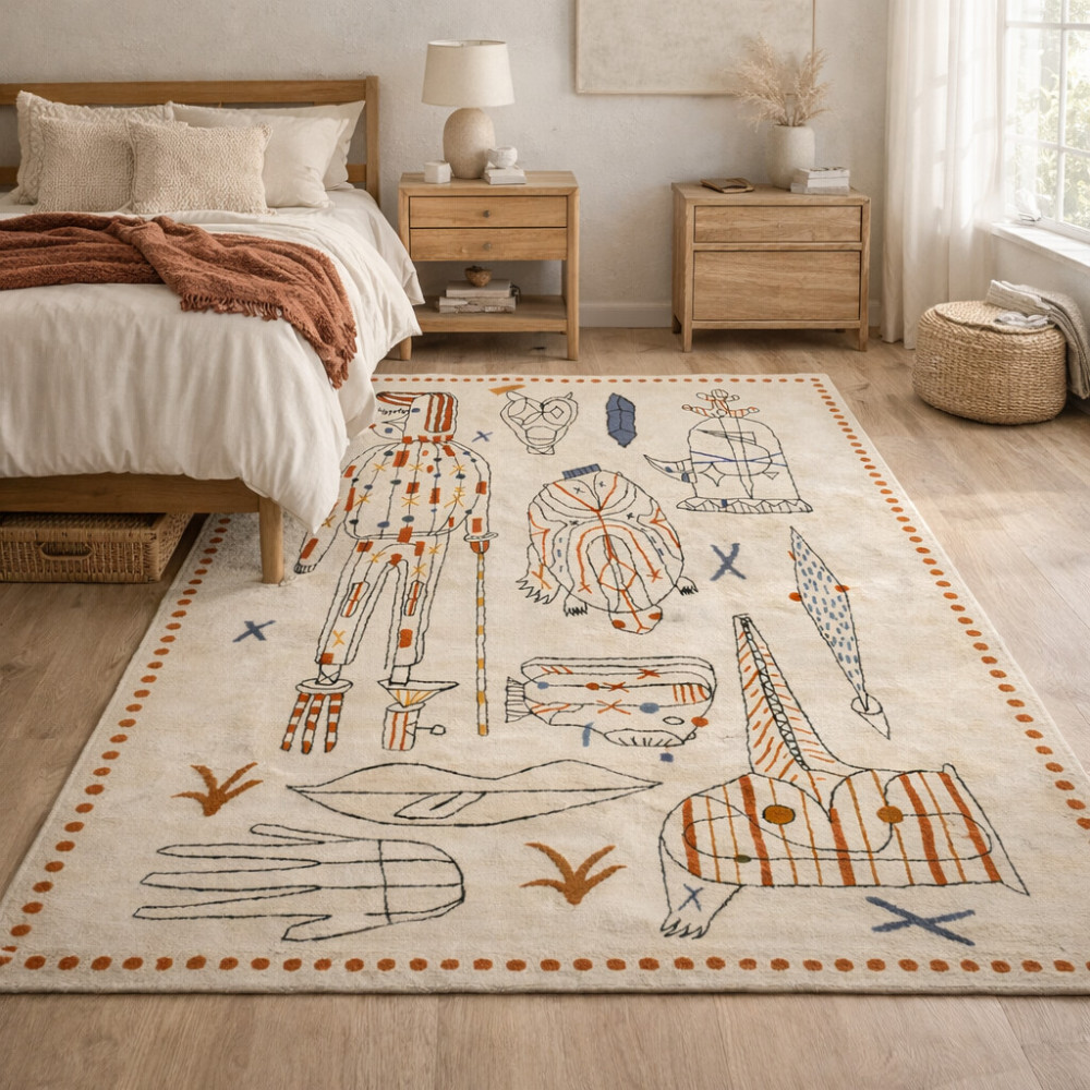 Image of Wool rug 5x8 | 6x10, 8x11, 9x13, 10x14 | Large area rugs | Hand tuft | Beige carpet | Bed, Living, room | Modern carpets