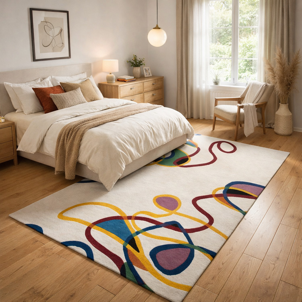 White Base Colorful Lining Rug for Bedroom and Living Space