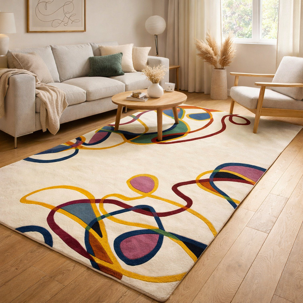 White Base Colorful Lining Rug for Bedroom and Living Space
