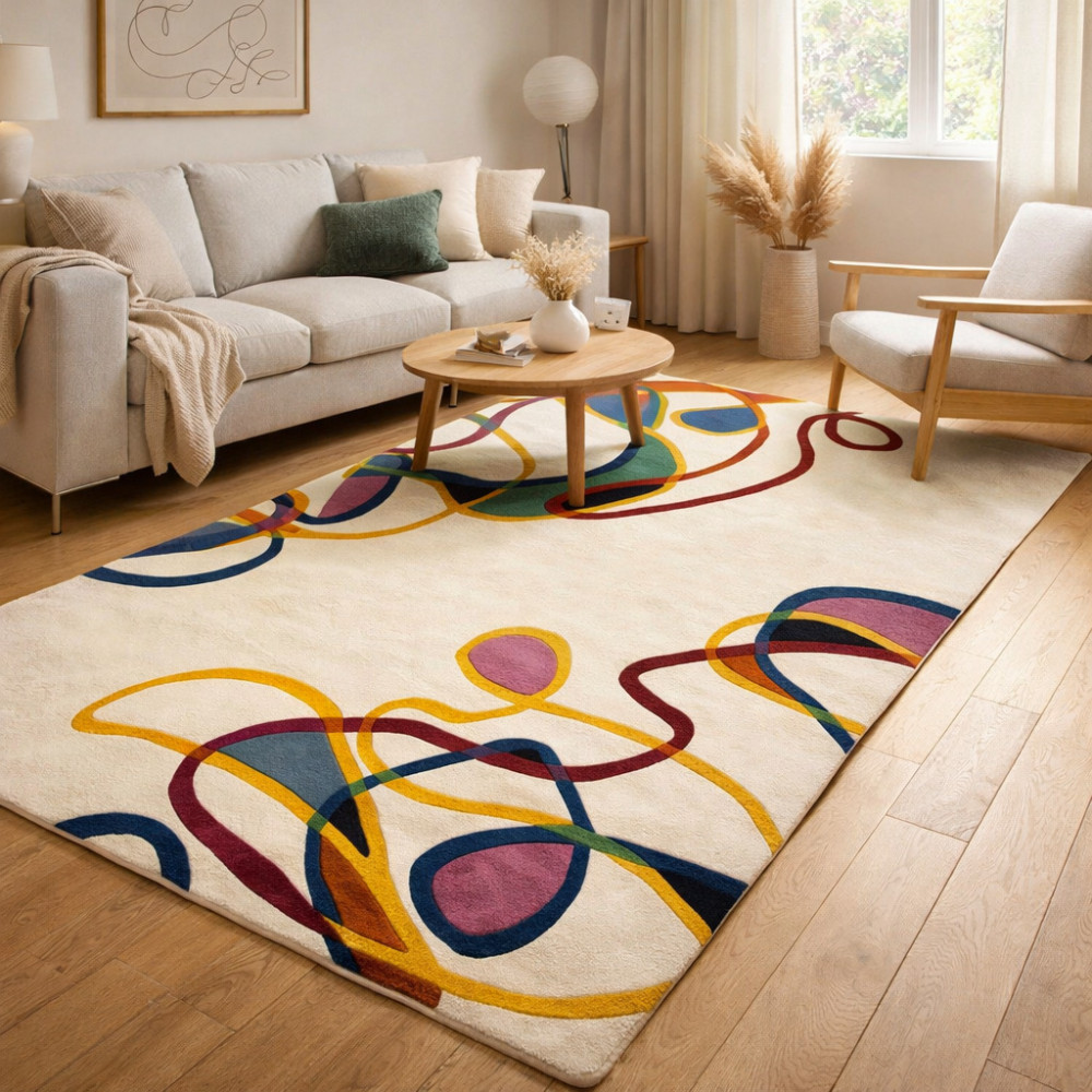 Image of White Base Colorful Lining Rug for Bedroom and Living Space