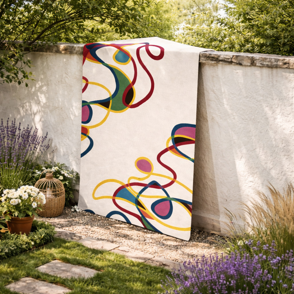 White Base Colorful Lining Rug for Bedroom and Living Space