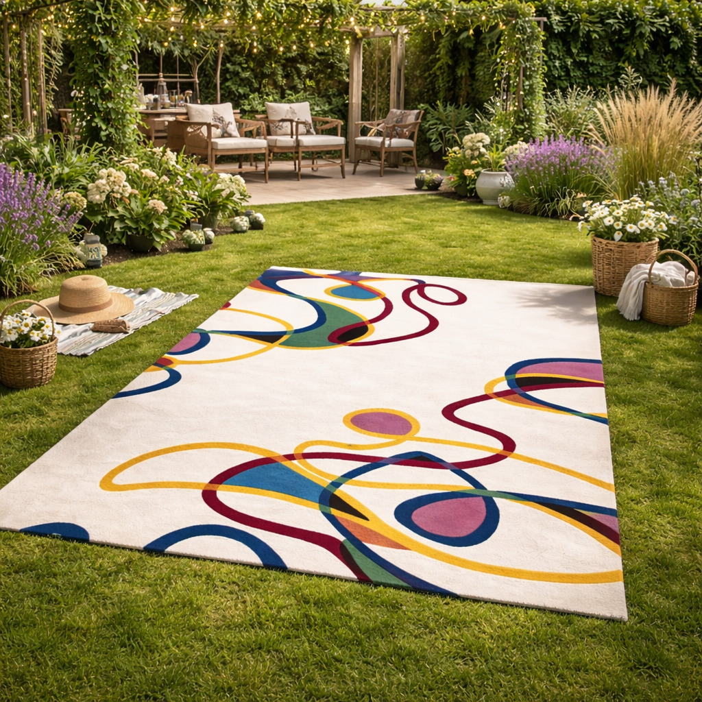 White Base Colorful Lining Rug for Bedroom and Living Space