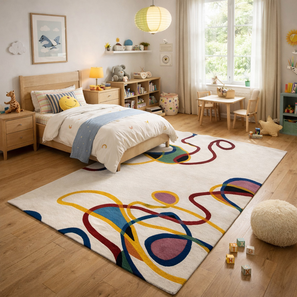 White Base Colorful Lining Rug for Bedroom and Living Space