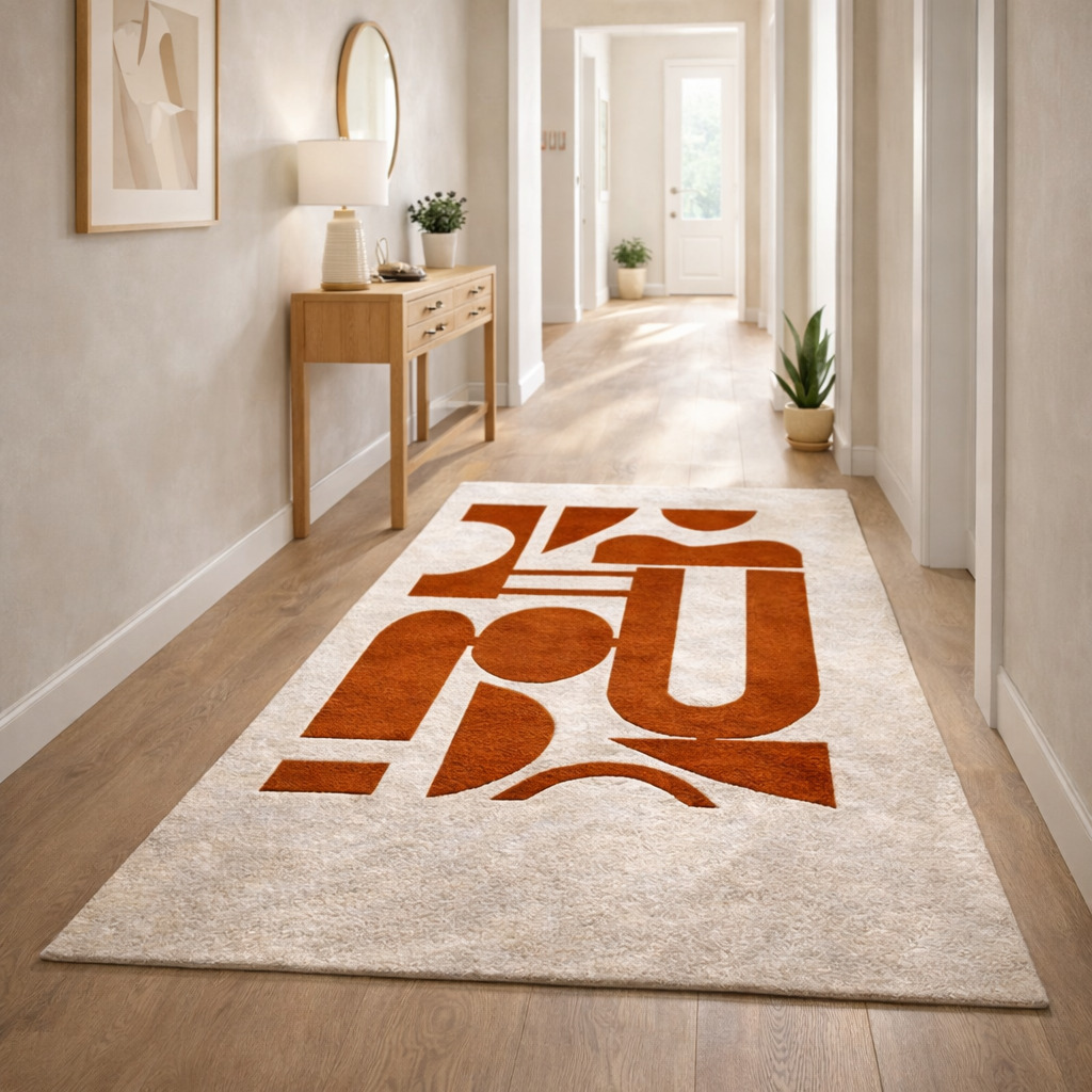 Hand-tufted Red Block print Wool Rug for Bedroom and Living Space