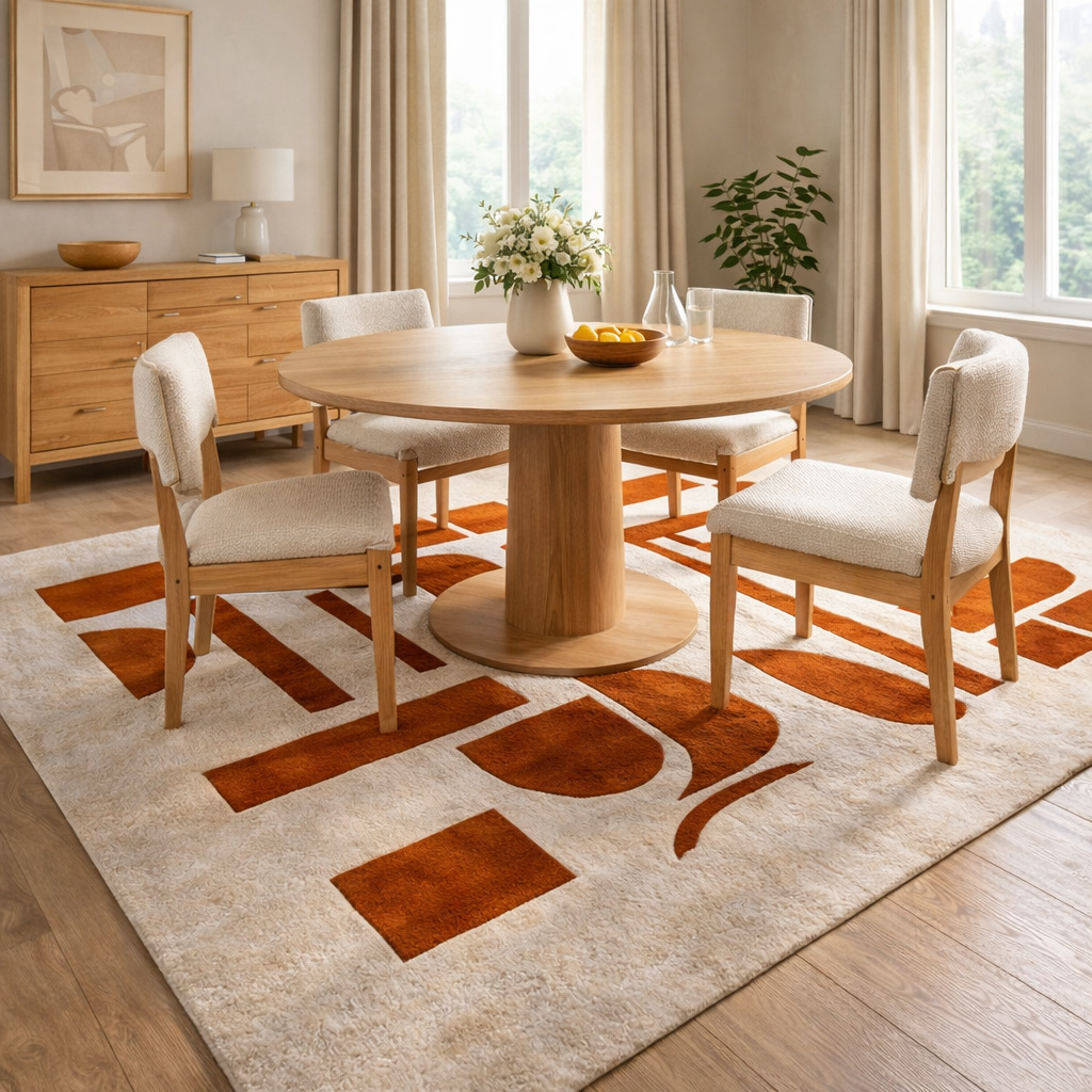 Hand-tufted Red Block print Wool Rug for Bedroom and Living Space