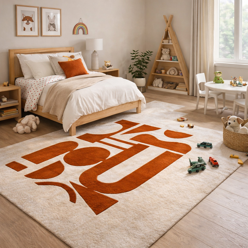 Hand-tufted Red Block print Wool Rug for Bedroom and Living Space
