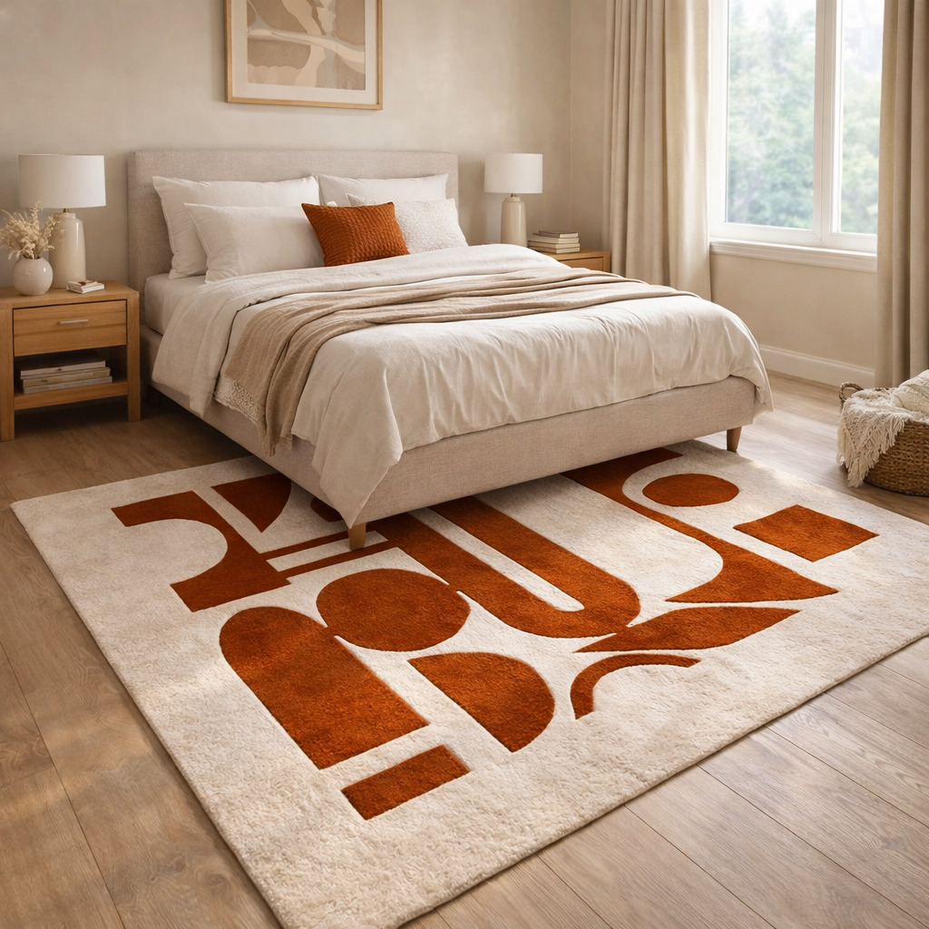 Hand-tufted Red Block print Wool Rug for Bedroom and Living Space