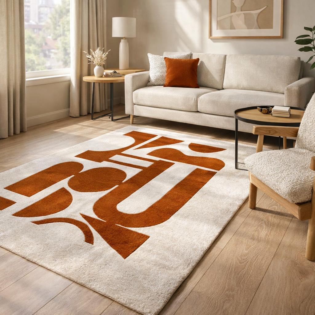 Hand-tufted Red Block print Wool Rug for Bedroom and Living Space