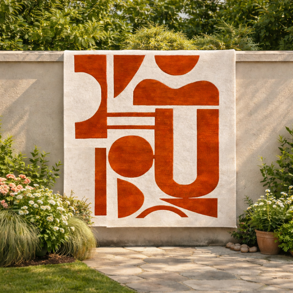 Hand-tufted Red Block print Wool Rug for Bedroom and Living Space