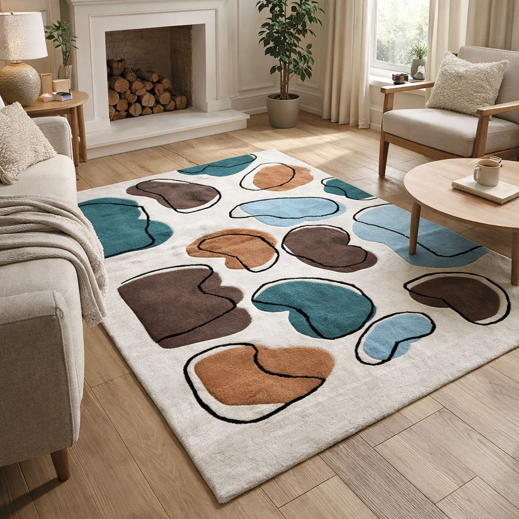 Hand Tufted Rugs  Premium Multi-Color Blobs Wool Rug for Bedroom and Living Space